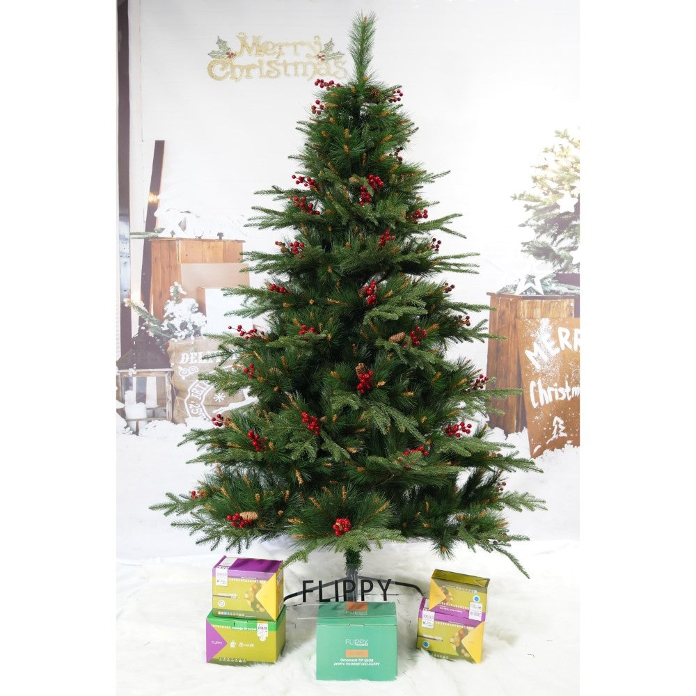 Brad artificial de Craciun, decorat cu conuri pin rosii, pentru interior/exterior, inaltime 210 cm, diametru 142 cm, 767 ramuri, Flippy, verde, suport metalic inclus - vivimall.ro