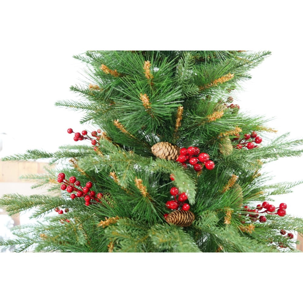 Brad artificial de Craciun, decorat cu conuri pin rosii, pentru interior/exterior, inaltime 210 cm, diametru 142 cm, 767 ramuri, Flippy, verde, suport metalic inclus - vivimall.ro