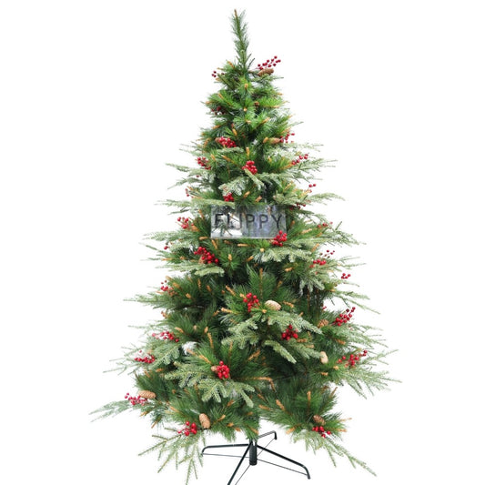 Brad artificial de Craciun, decorat cu conuri pin rosii, pentru interior/exterior, inaltime 210 cm, diametru 142 cm, 767 ramuri, Flippy, verde, suport metalic inclus - vivimall.ro