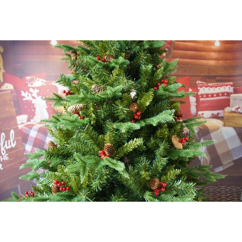 Brad Artificial de Craciun Bogat, Flippy, 1.80 m inaltime, 774 ramuri, Premium, Verde, Decorat cu 56 conuri pin rosii, Interior/ Exterior - vivimall.ro