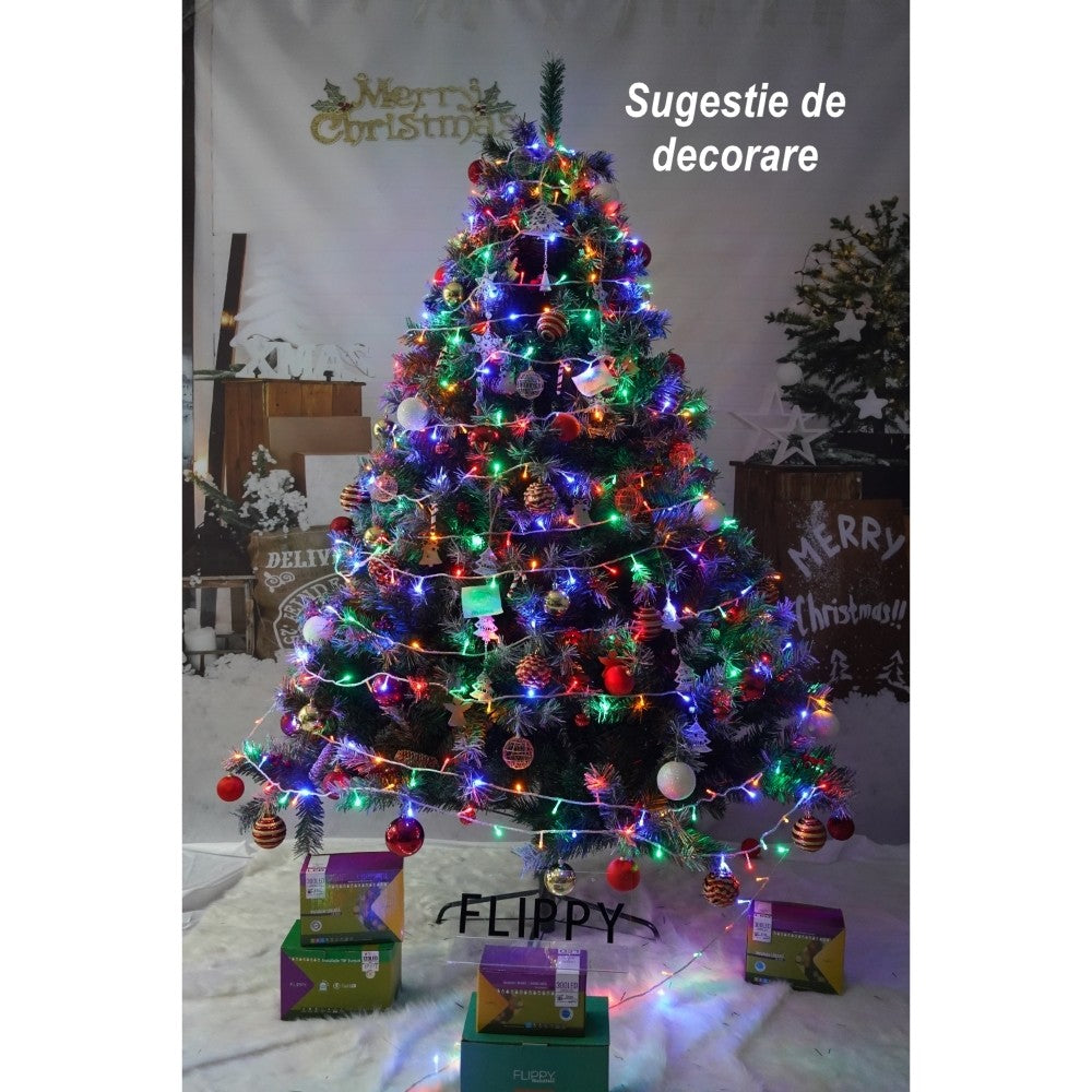 Brad artificial de Craciun nins, decorat cu conuri pin, pentru interior/exterior, inaltime 210 cm, diametru 147 cm, 1150 ramuri, Flippy, verde, suport metalic inclus - vivimall.ro