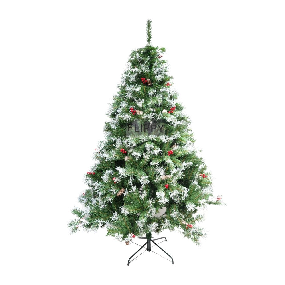 Brad artificial de Craciun nins, decorat cu conuri pin, pentru interior/exterior, inaltime 210 cm, diametru 147 cm, 1150 ramuri, Flippy, verde, suport metalic inclus - vivimall.ro