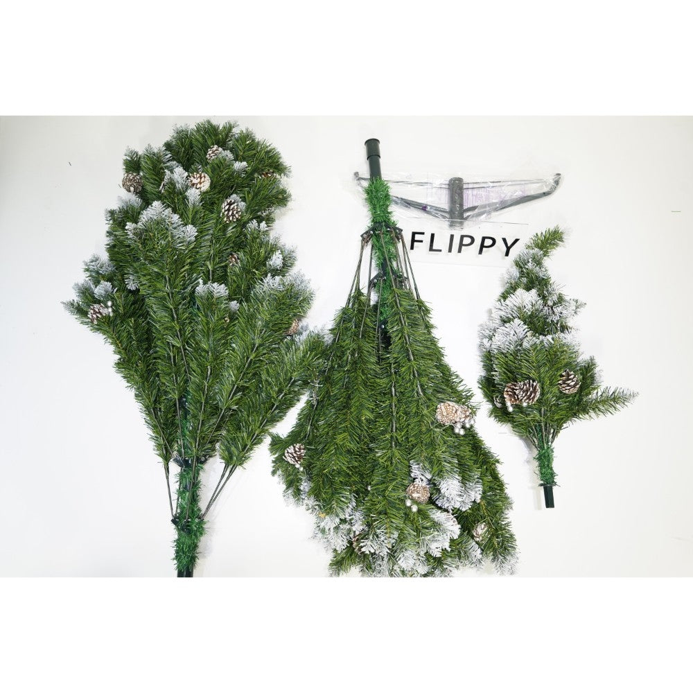 Brad artificial de Craciun nins, decorat cu conuri pin, pentru perete/colt, inaltime 180 cm, 862 ramuri, Flippy, verde, suport metalic inclus - vivimall.ro