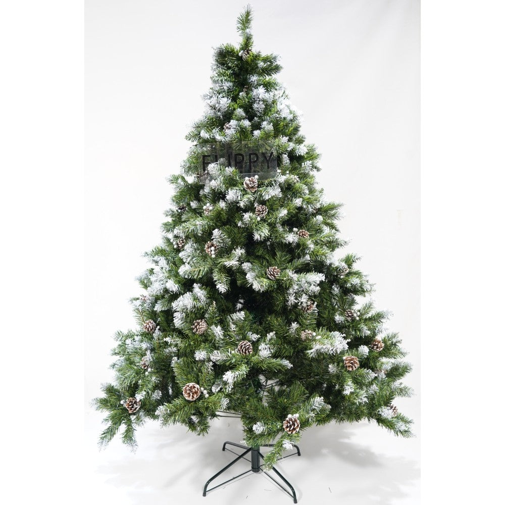 Brad artificial de Craciun nins, decorat cu conuri pin, pentru perete/colt, inaltime 180 cm, 862 ramuri, Flippy, verde, suport metalic inclus - vivimall.ro