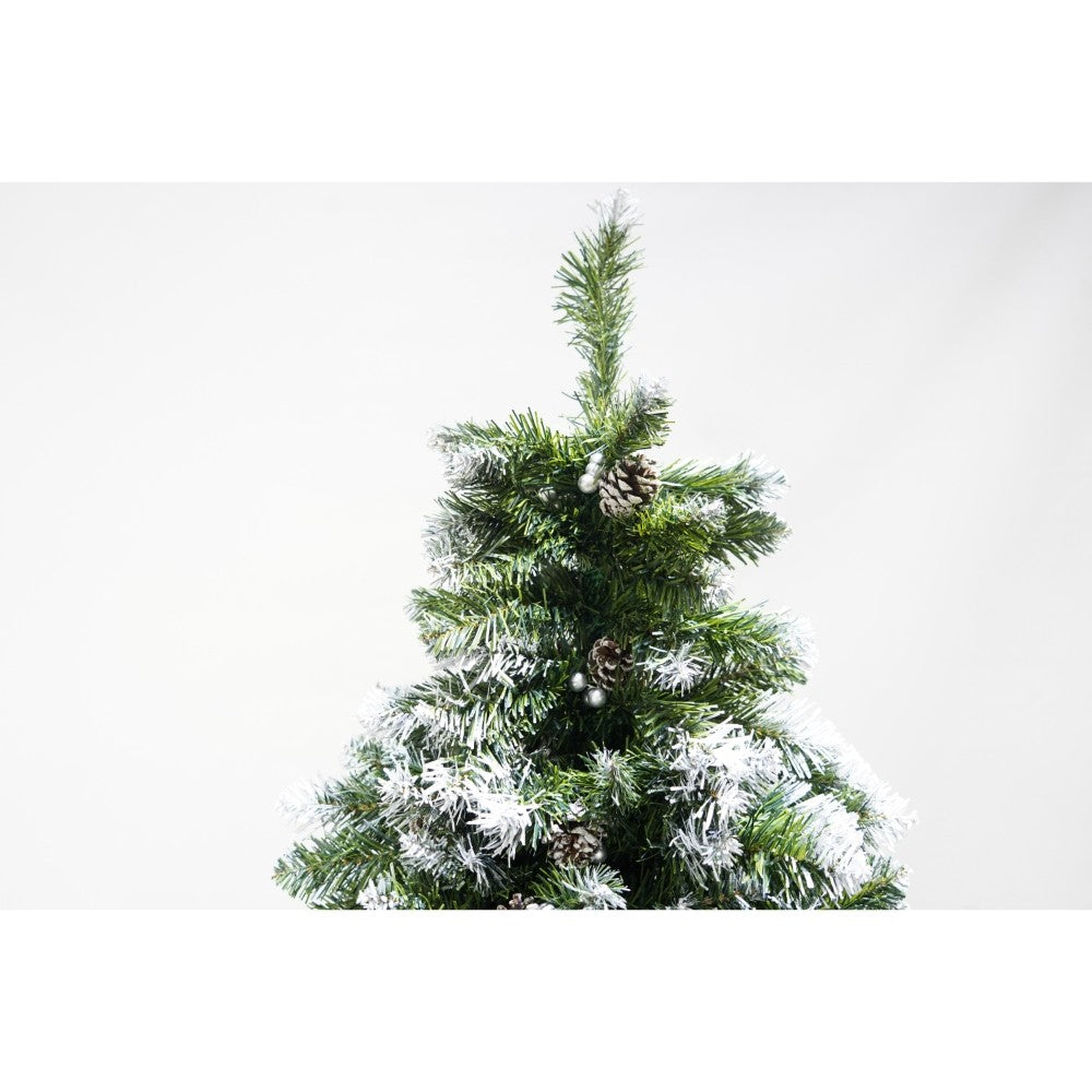 Brad artificial de Craciun nins, decorat cu conuri pin, pentru perete/colt, inaltime 180 cm, 862 ramuri, Flippy, verde, suport metalic inclus - vivimall.ro