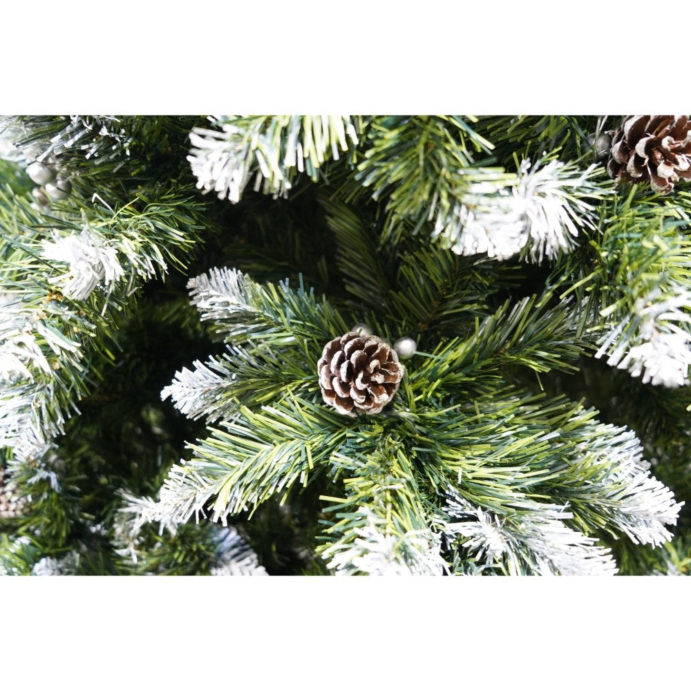 Brad artificial de Craciun nins, decorat cu conuri pin, pentru perete/colt, inaltime 180 cm, 862 ramuri, Flippy, verde, suport metalic inclus - vivimall.ro