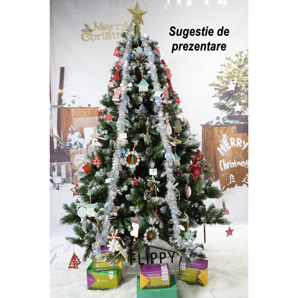 Brad artificial de Craciun nins, decorat cu conuri pin, pentru perete/colt, inaltime 210 cm, diametru 149 cm, 1224 ramuri, Flippy, verde, suport metalic inclus - vivimall.ro