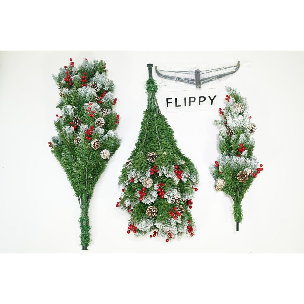 Brad artificial de Craciun nins, decorat cu conuri pin rosii, inaltime 150 cm, diametru 83 cm, 319 ramuri, Flippy, verde, suport metalic inclus - vivimall.ro