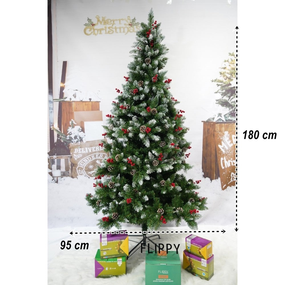 Brad artificial de Craciun nins, decorat cu conuri pin rosii, inaltime 180 cm, diametru 95 cm, 319 ramuri, Flippy, verde, suport metalic inclus - vivimall.ro