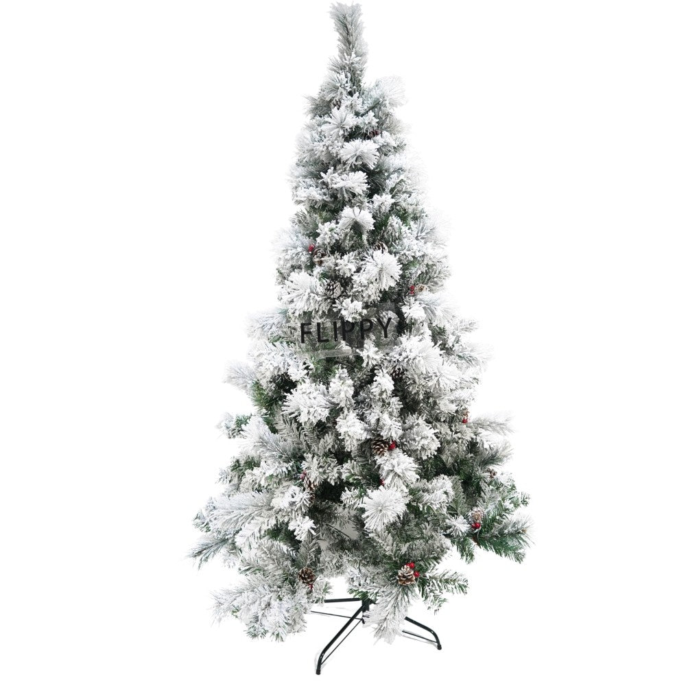 Brad artificial de Craciun nins intens, decorat cu conuri pin, pentru interior/exterior, inaltime 180 cm, diametru 120 cm, 502 ramuri, Flippy, alb/verde, suport metalic inclus - vivimall.ro