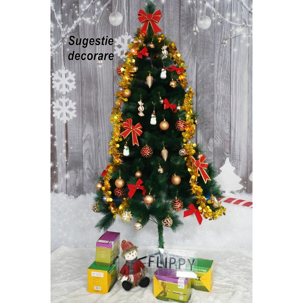 Brad artificial de Craciun tip pin, clasic, pentru interior/exterior, inaltime 120 cm, Flippy, verde, suport metalic inclus - vivimall.ro