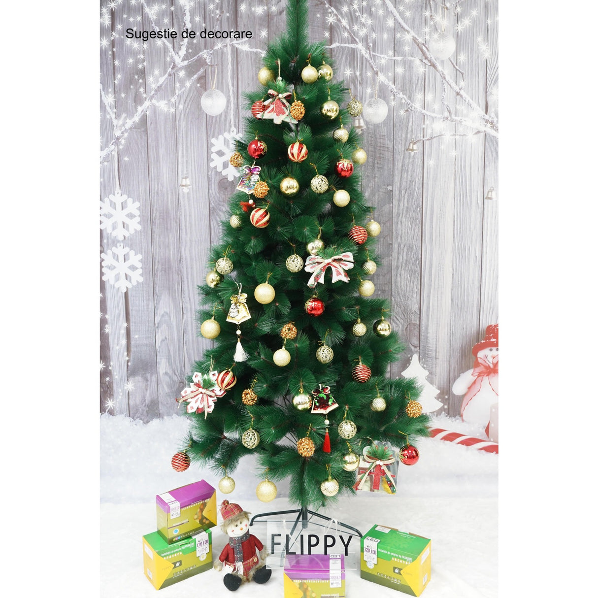 Brad artificial de Craciun tip pin, inaltime 210 cm, diametru 115 cm, 350 ramuri cu ace 3D 12 cm, Vivimall, verde, suport metalic inclus