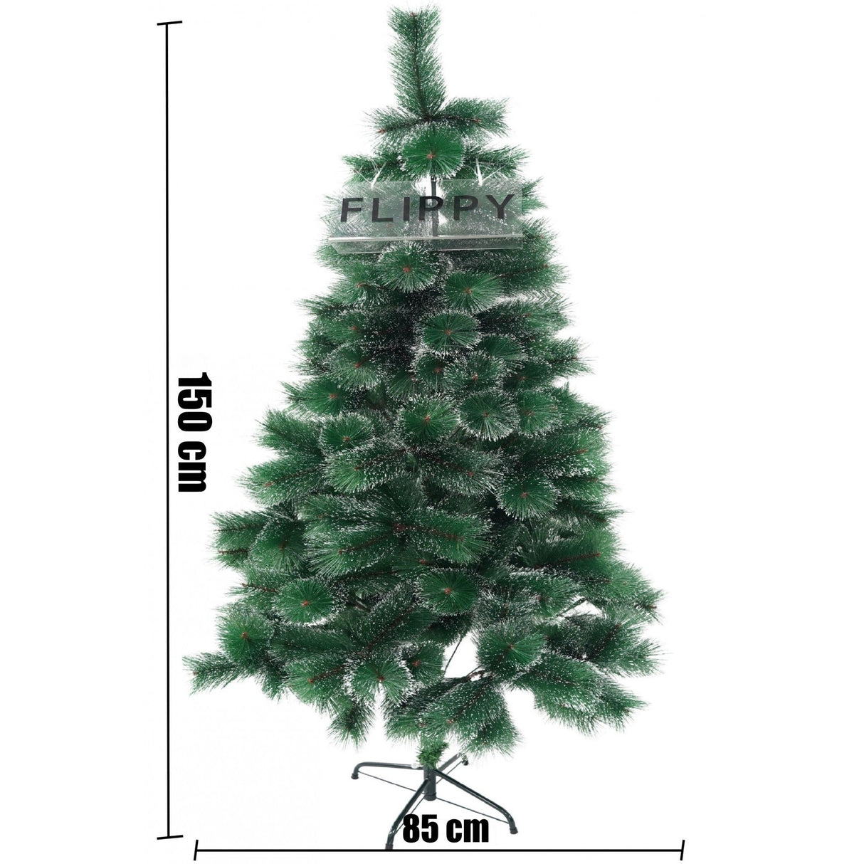 Brad artificial de Craciun tip pin inzapezit, inaltime 150 cm, diametru 85 cm, 160 ramuri cu ace 3D 12 cm, Vivimall, verde cu varfuri ninse, suport metalic inclus