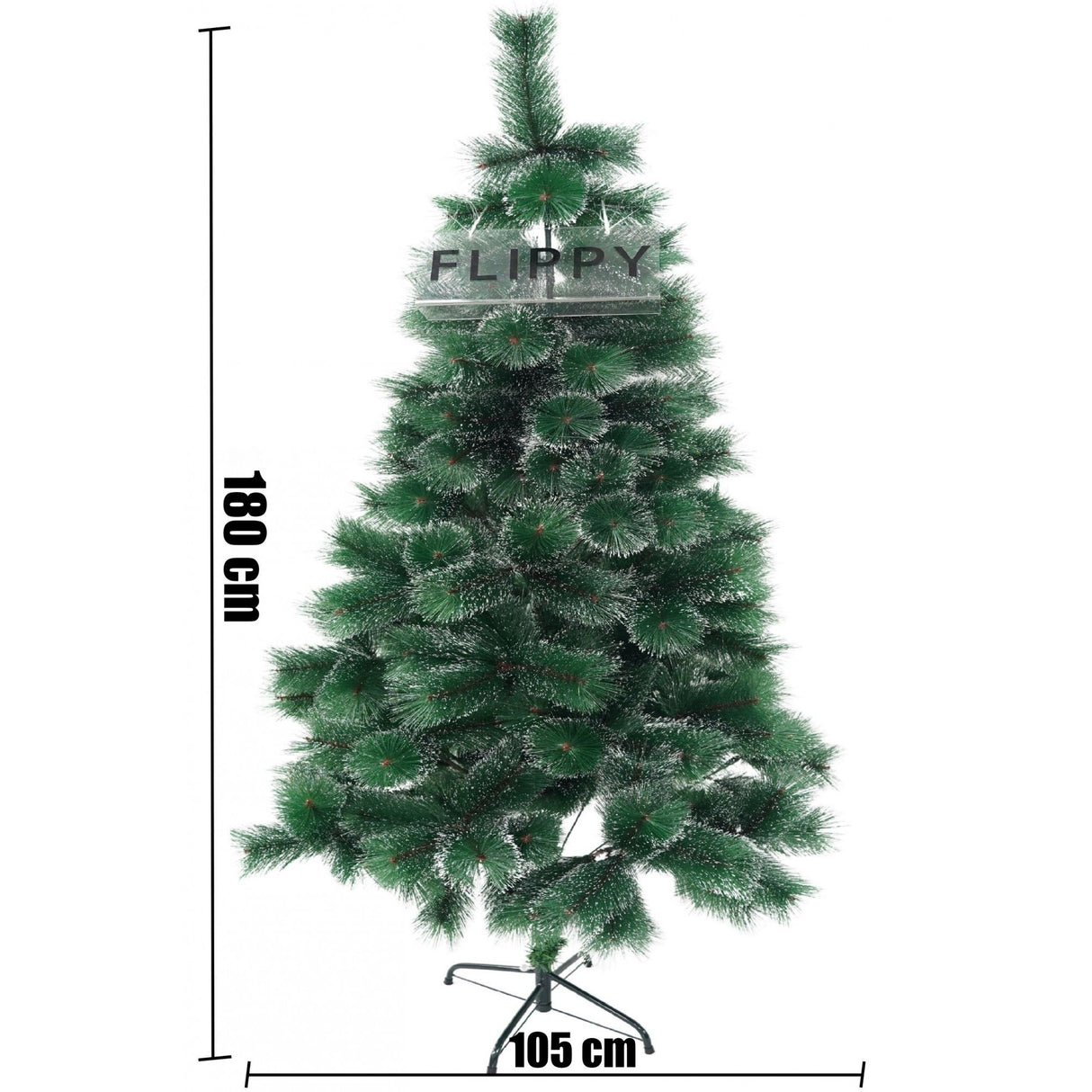 Brad artificial de Craciun tip pin inzapezit, inaltime 180 cm, diametru 105 cm, 260 ramuri cu ace 3D 12 cm, Vivimall, verde cu varfuri ninse, suport metalic inclus