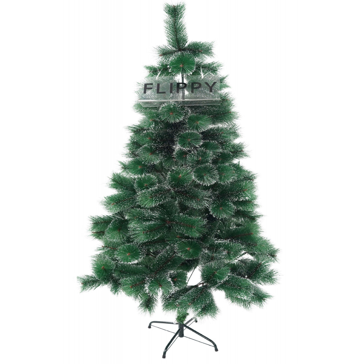 Brad artificial de Craciun tip pin inzapezit, inaltime 180 cm, diametru 105 cm, 260 ramuri cu ace 3D 12 cm, Vivimall, verde cu varfuri ninse, suport metalic inclus