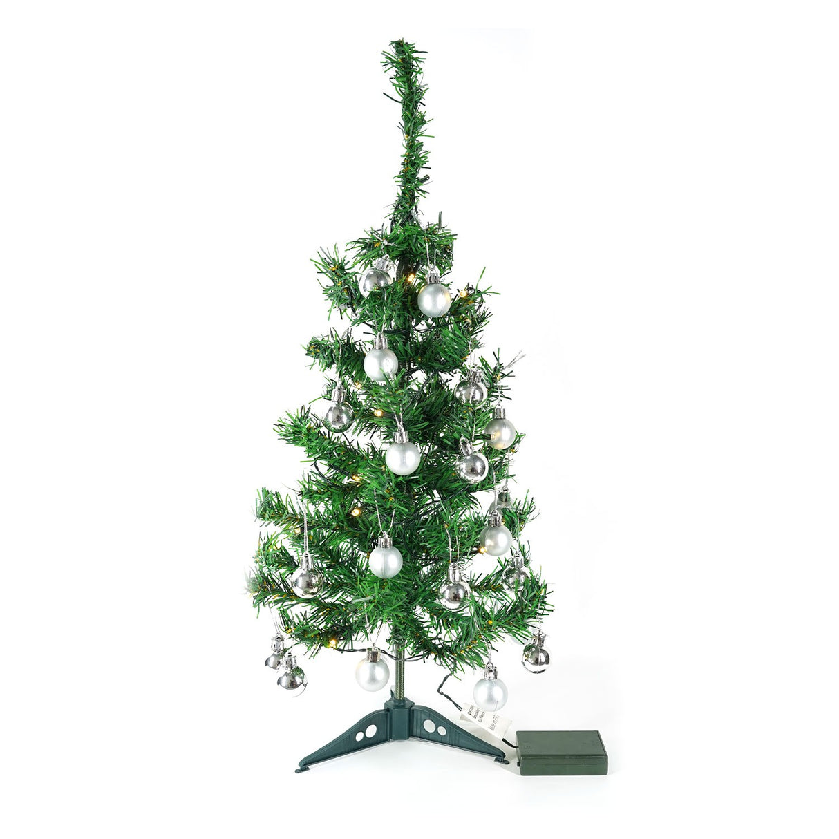 Brad Artificial Impodobit, 60 cm, suport plastic cu instalatie luminoasa 20 LED alb cald + 20 globuri argintii incluse, Vivimall