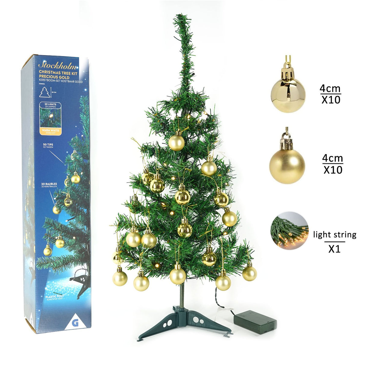 Brad Artificial Impodobit, 60 cm, suport plastic, cu instalatie luminoasa 20 LED alb cald + 20 globuri aurii incluse, Vivimall