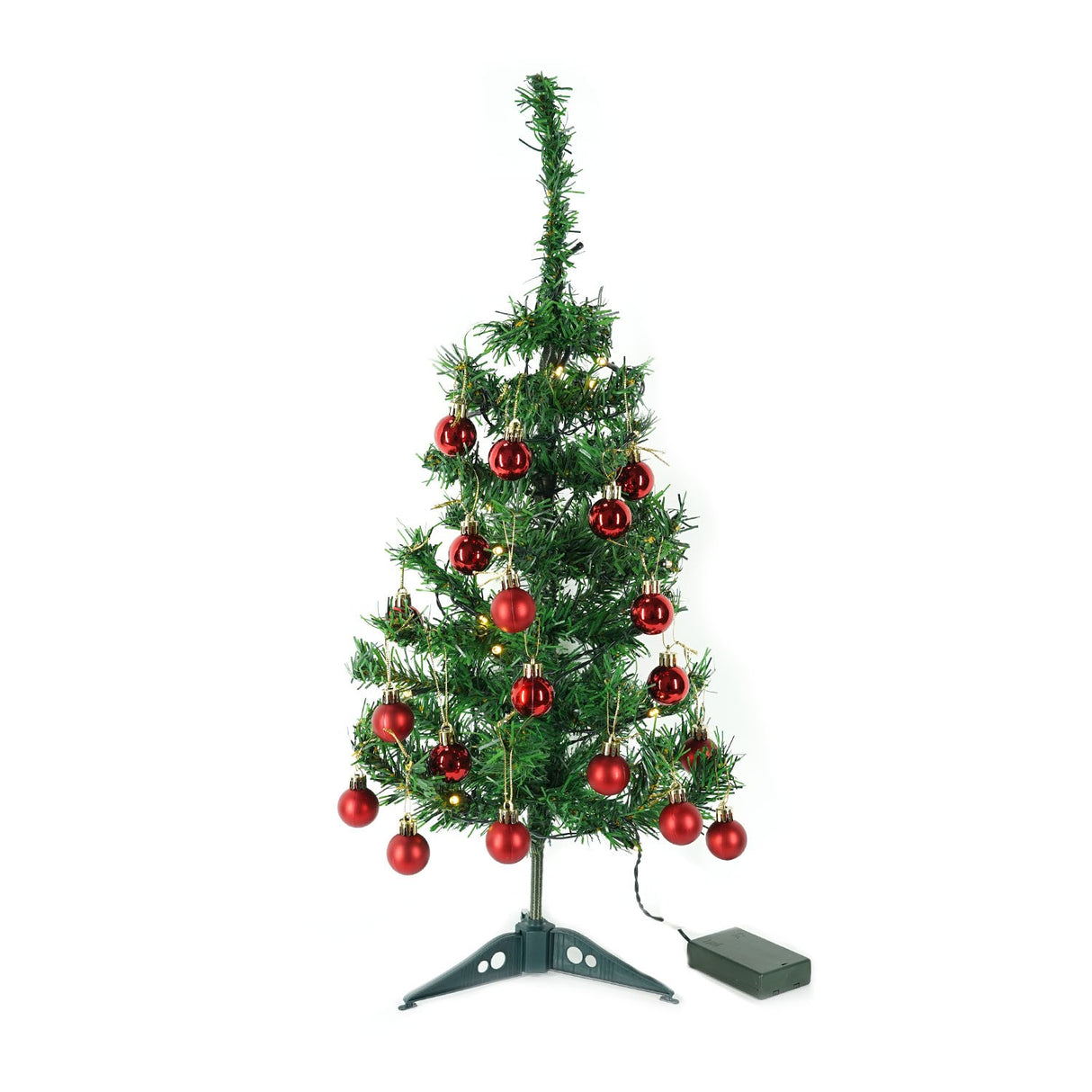 Brad Artificial Impodobit, 60 cm, suport plastic cu instalatie luminoasa 20 LED alb cald + 20 globuri rosii incluse, Vivimall