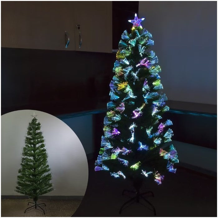 Brad Artificial Luminos de Craciun, Vivimall, 1.8 m inaltime , Ramuri cu Fibra Optica, Multicolor, Suport Metalic Inclus