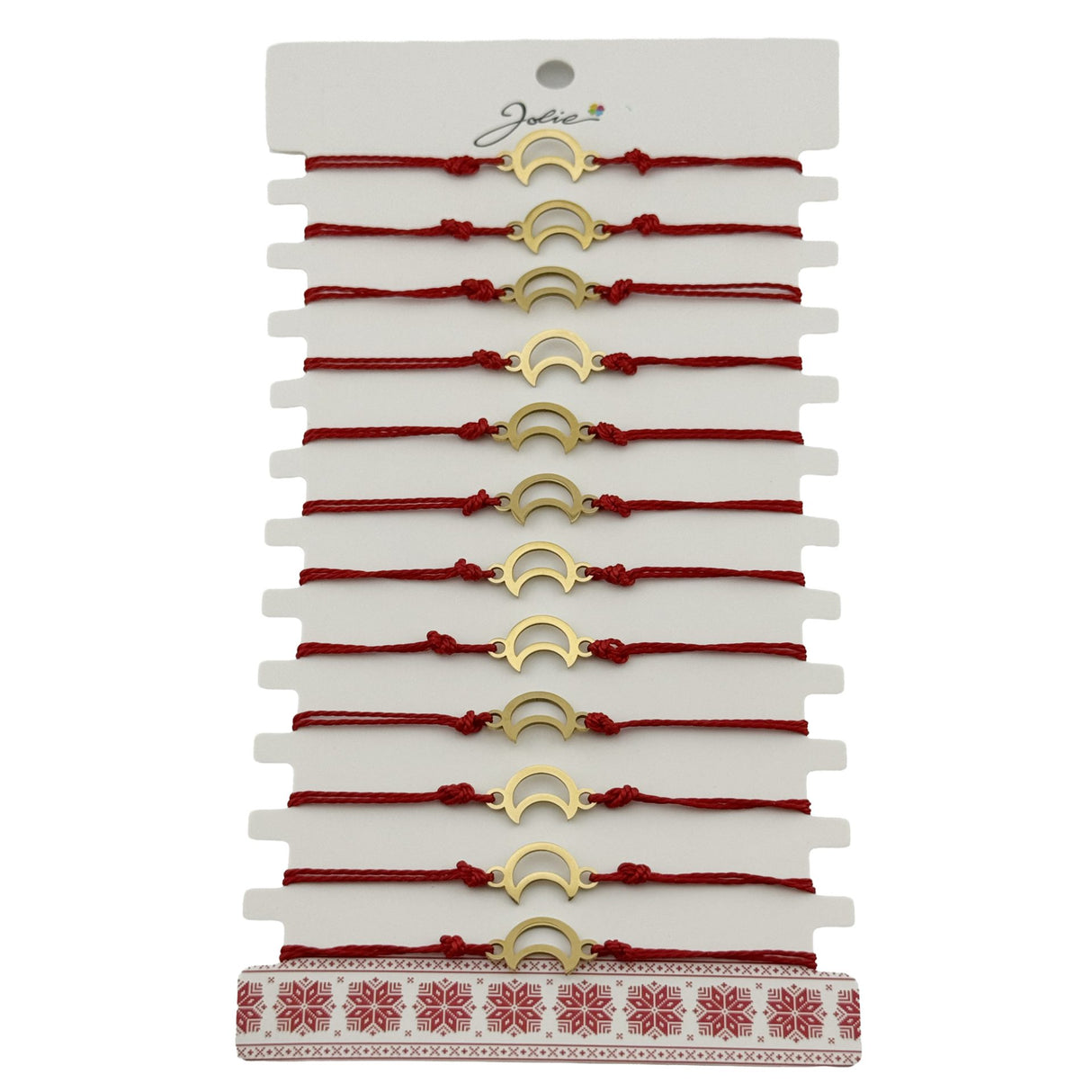 Bratara Martisor pentru Dama, Jolie, Model Luna Contur, Set 12 bucati, Pandativ din Inox Auriu, Snur Ajustabil Impletit, Rosu - vivimall.ro