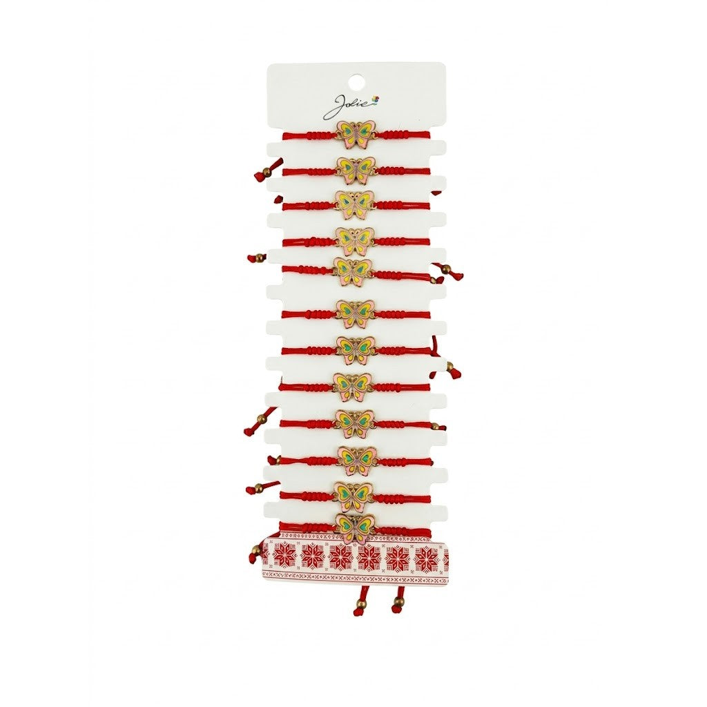 Brățară mărțișor Jolie model fluture, set 12 bucăți, snur roșu împletit cu pandantiv auriu multicolor