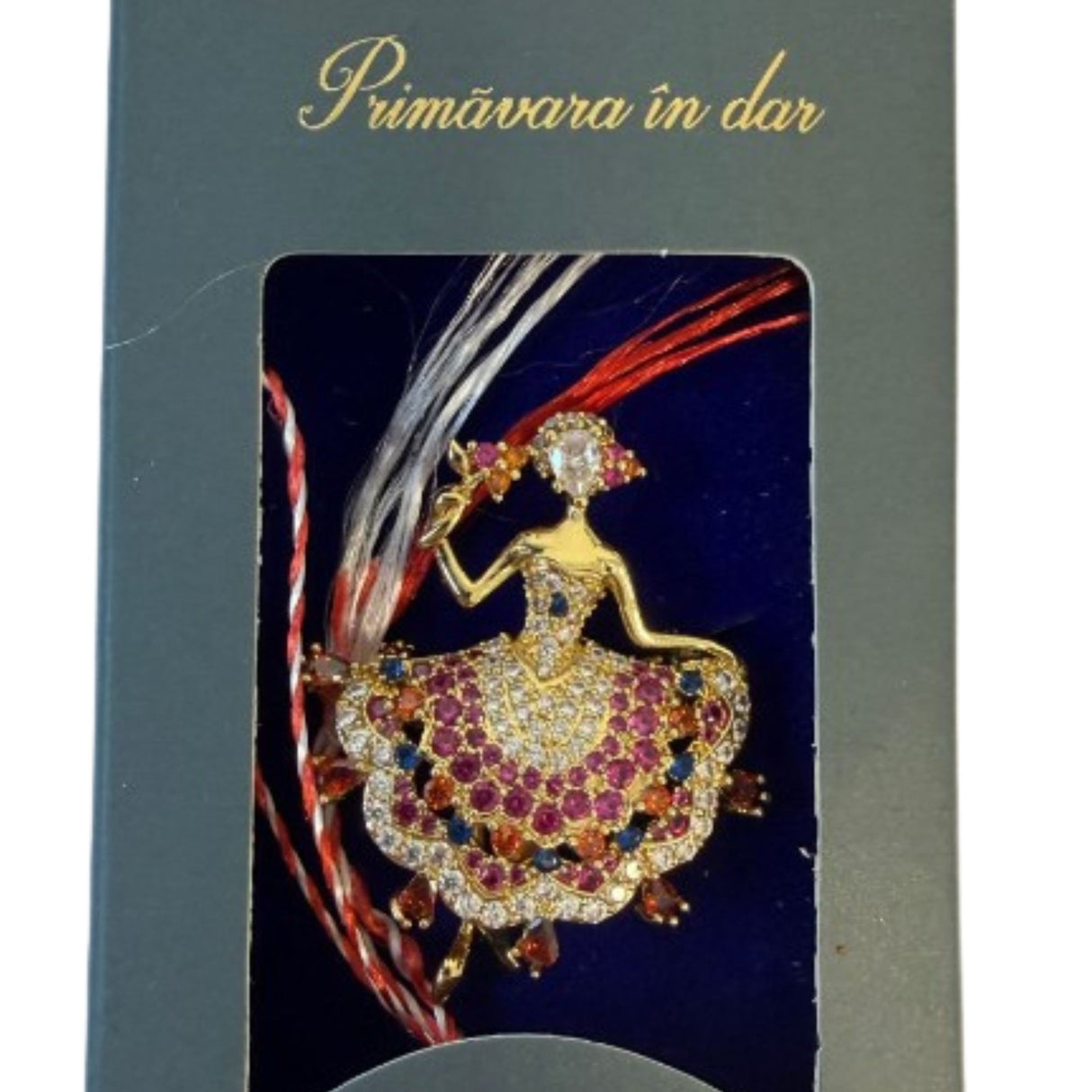 Martisor cu Brosa Placata cu Aur 24K, Jolie, Ambalaj Carton cu Design, Material Metal, Model Balerina, Dimensiune Brosa 2.5-3cm, Auriu/Roz - vivimall.ro
