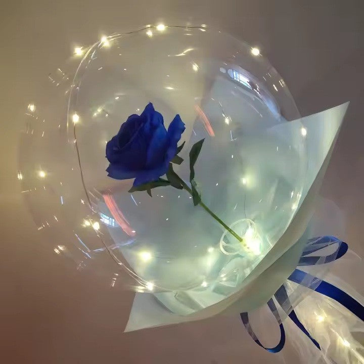 Buchet Decorativ, Vivimall, Trandafir in Balon cu Lumini Led, Diametru 35 cm, 2 x Baterii AA (neincluse), Albastru/Alb - vivimall.ro