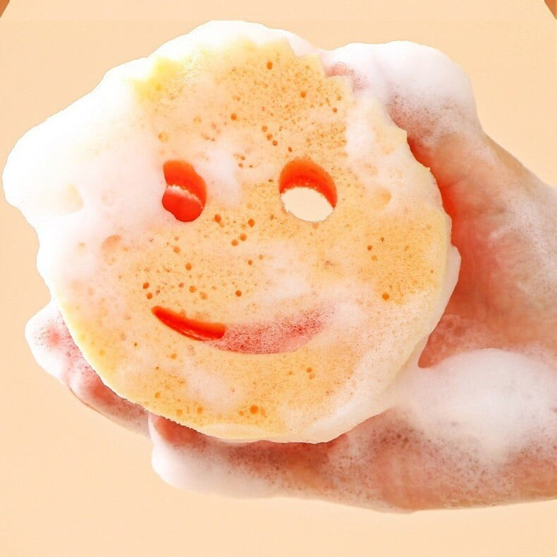 Burete de Vase, Vivimall, Rotund, din Burete PU, Model Smiley Face, Doua Fete, 10 x 4 cm, Portocaliu/Galben - vivimall.ro