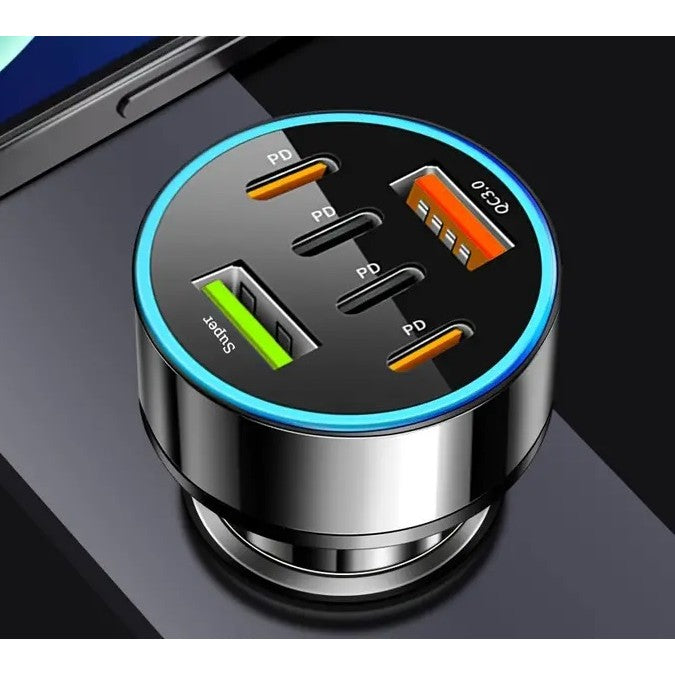 Detaliu porturi încărcător auto 6 în 1 Vivimall – 2x USB Fast Charge QC3.0 și 4x Type-C PD 65W, fundal alb