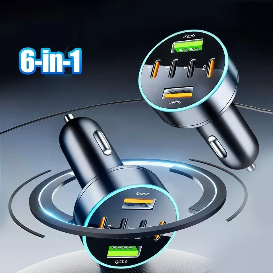 Încărcător auto 6 în 1 introdus în bricheta mașinii, afișaj LED activ, telefon conectat la port Type-C