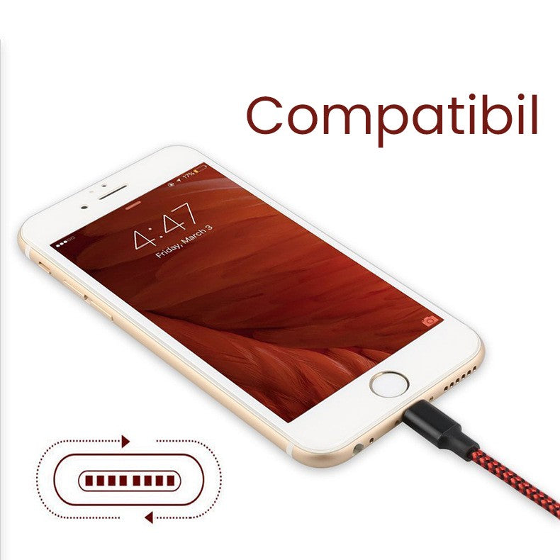 Cablu de Date pentru Telefon, Flippy, Cablu USB spre Lightning Compatibil cu iPhone, Lungime 3 M, Impletit Triunghiular in 2 culori, Rosu Negru - vivimall.ro