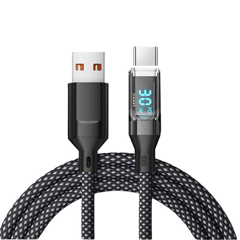 Cablu Type C USB Vivimall 120W desfășurat complet pe suprafață albă, lungime 1 metru, culoare neagră