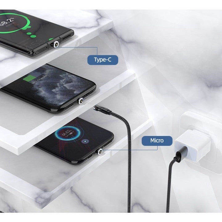 Cablu de incarcare magnetic 3 in 1 360 grade + 180 grade, 1 m, micro, type C, iPhone, 5 V, 2.1 A, Negru - vivimall.ro