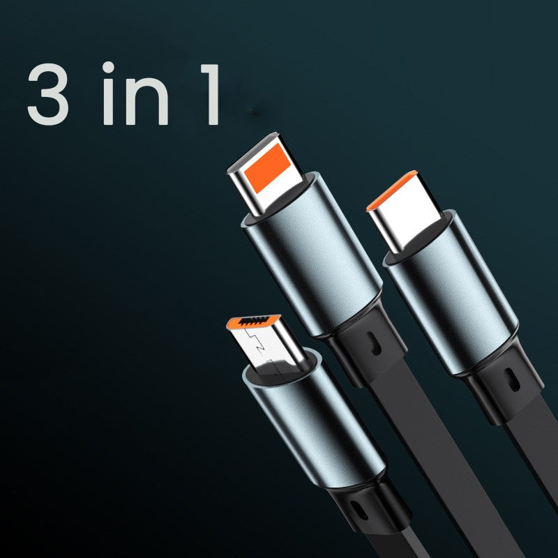 Cablu Retractabil 3in 1 pentru Telefon, Flippy, Cablu de incarcare rapida 100W, stil Mecha, potrivit pentru Auto, Universal 1.2M, Negru - vivimall.ro