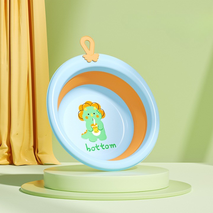 Cada Pliabila pentru Baie pentru Copii, Vivimall, Cadita pentru Bebelusi, Model Rotund cu Dinozaur, Blue, 30x30x3.7 cm, 4L - vivimall.ro