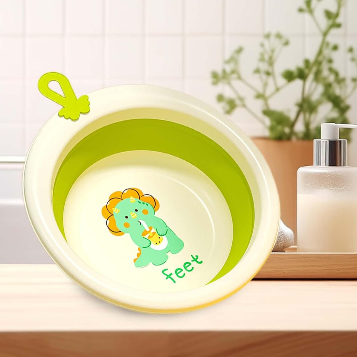 Cada Pliabila pentru Baie pentru Copii, Vivimall, Cadita pentru Bebelusi, Model Rotund cu Dinozaur, Verde, 30x30x3.7 cm, 4L - vivimall.ro