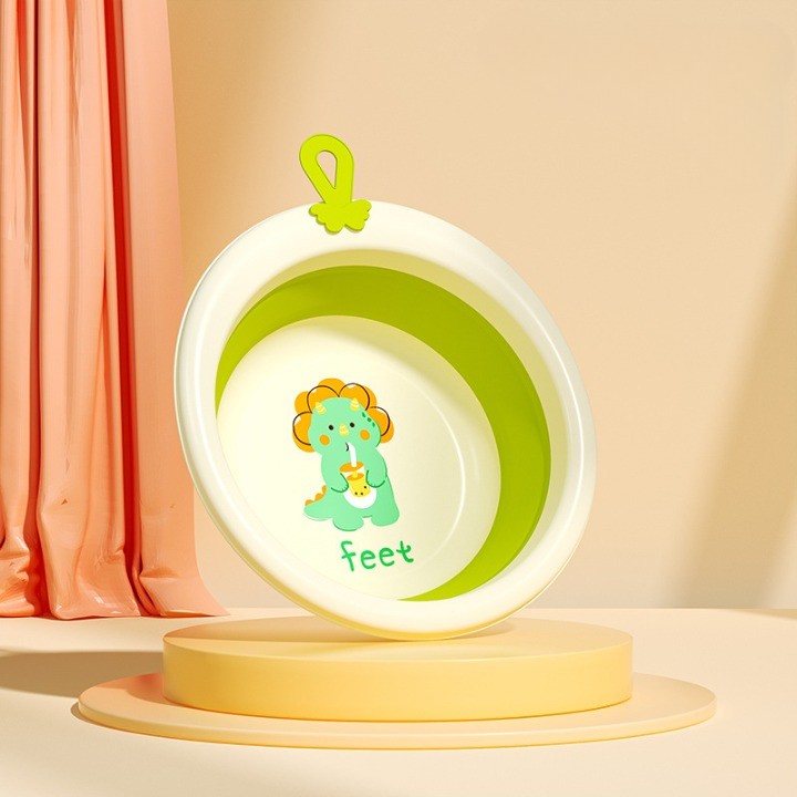 Cada Pliabila pentru Baie pentru Copii, Vivimall, Cadita pentru Bebelusi, Model Rotund cu Dinozaur, Verde, 30x30x3.7 cm, 4L - vivimall.ro