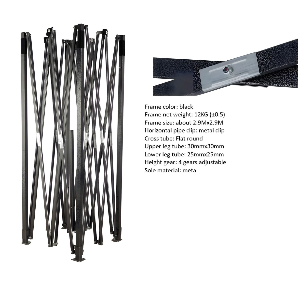 Detaliu picior cadru metalic pavilion Flippy 3x3 m, suport stabil din metal negru