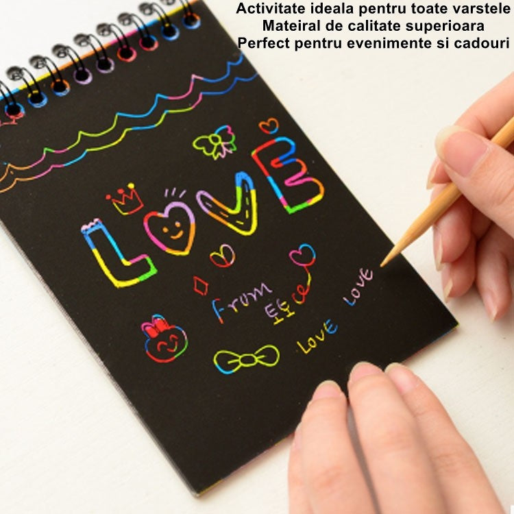 Caiet cu fise razuibile Vivimall, DIY Magic Scratch, 12 File, Curcubeu, Creion din Lemn, Cartonase negre, 14.2 x 9.8 cm, Portocaliu - vivimall.ro
