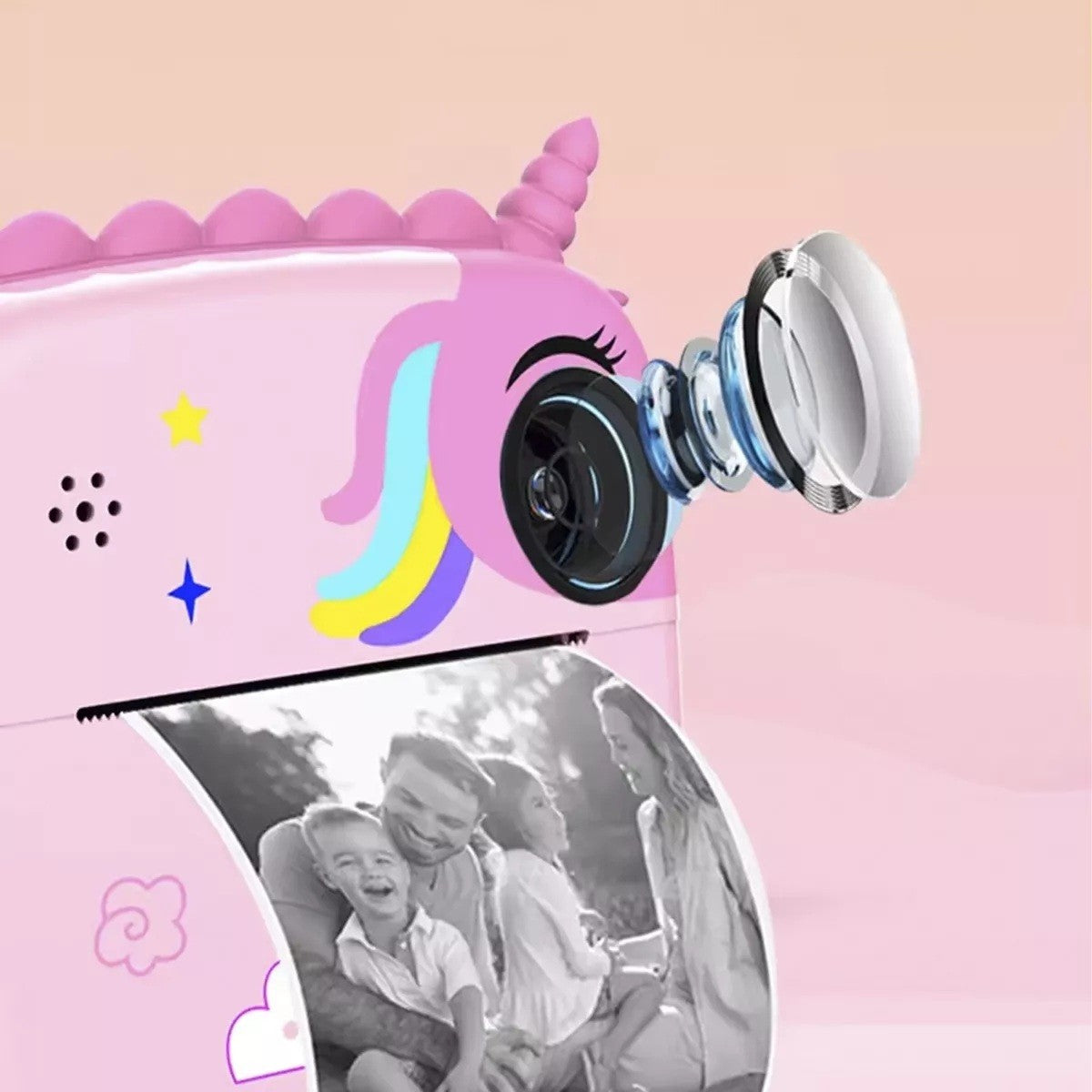 Camera Instantanee pentru Copii, Vivimall, Camera Frontala + Selfie, cu Functie de Printare, Cablu USB-C, Bluetooth, Compatibil iOS/Android, Model Unicorn, Snur Inclus, Roz - vivimall.ro