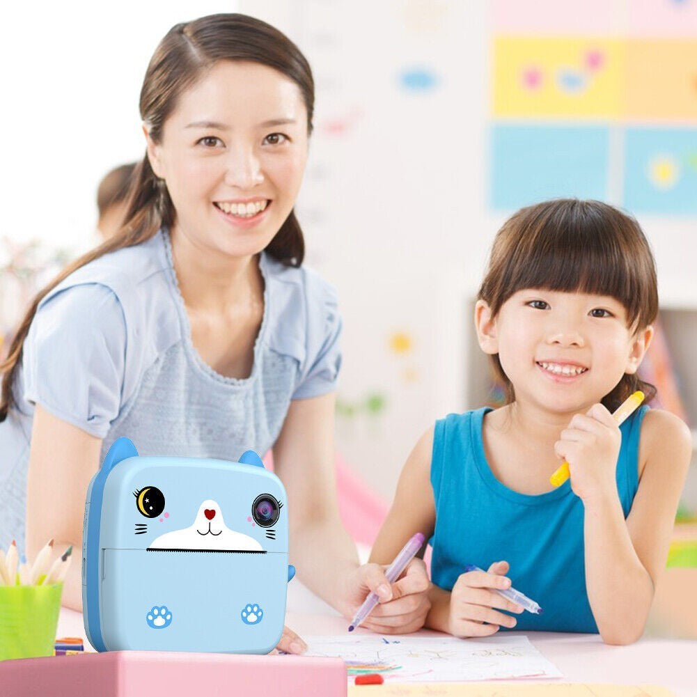 Camera Instantanee pentru Copii, Vivimall, cu Functie de Printare, Camera Frontala + Selfie, Cablu USB-C, Bluetooth, Compatibil iOS/Android, Imprimare APP, Model Pisica, Albastru - vivimall.ro