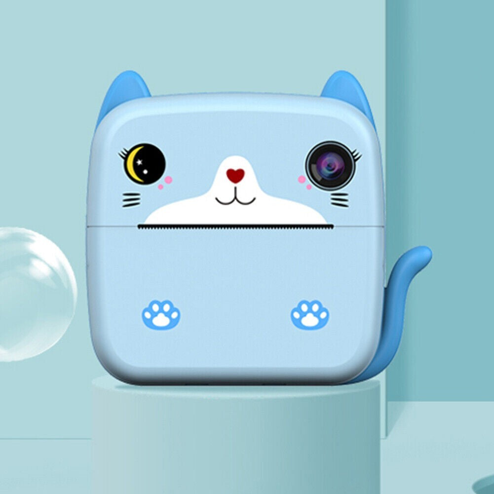 Camera Instantanee pentru Copii, Vivimall, cu Functie de Printare, Camera Frontala + Selfie, Cablu USB-C, Bluetooth, Compatibil iOS/Android, Imprimare APP, Model Pisica, Albastru - vivimall.ro