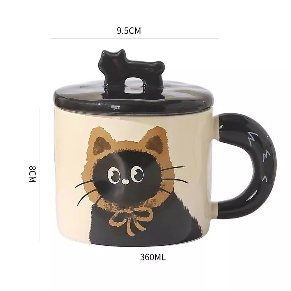 Cana din Ceramica, Vivimall, Model in Cutie pentru Cadou, Cana pentru Ceai, Cafea, Cana Retro Design Capac cu Figurina 3D, 9.5 x 8 x 8 cm, 360 ml, Bej, Print Pisica Maro Negru - vivimall.ro