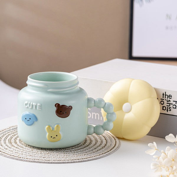 Cana Pentru Copii, Din Portelan, Print Figurine Animalute, Model Cute, Cana Cu Capac, Ceasca Pentru Cafea, Ceai, 400Ml Deschis - vivimall.ro