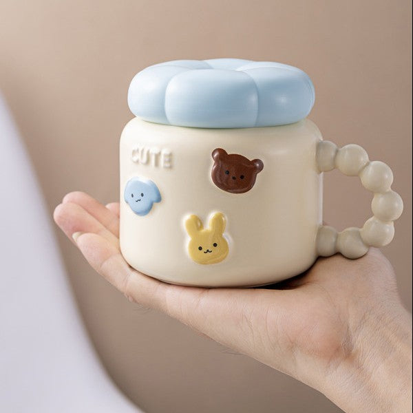 Cana Pentru Copii, Din Portelan, Print Figurine Animalute, Model Cute, Cana Cu Capac, Ceasca Pentru Cafea, Ceai, 400Ml Deschis - vivimall.ro