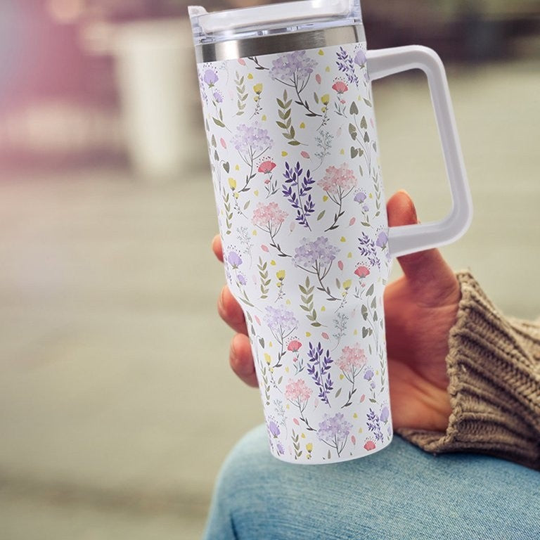 Cana Termos din Plastic, Vivimall, pentru Bauturi Calde si Reci, cu Maner, Imprimeu Floral, Alb, 10x7.6x27.5 cm - vivimall.ro