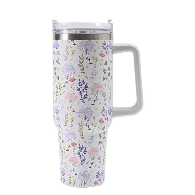 Cana Termos din Plastic, Vivimall, pentru Bauturi Calde si Reci, cu Maner, Imprimeu Floral, Alb, 10x7.6x27.5 cm - vivimall.ro