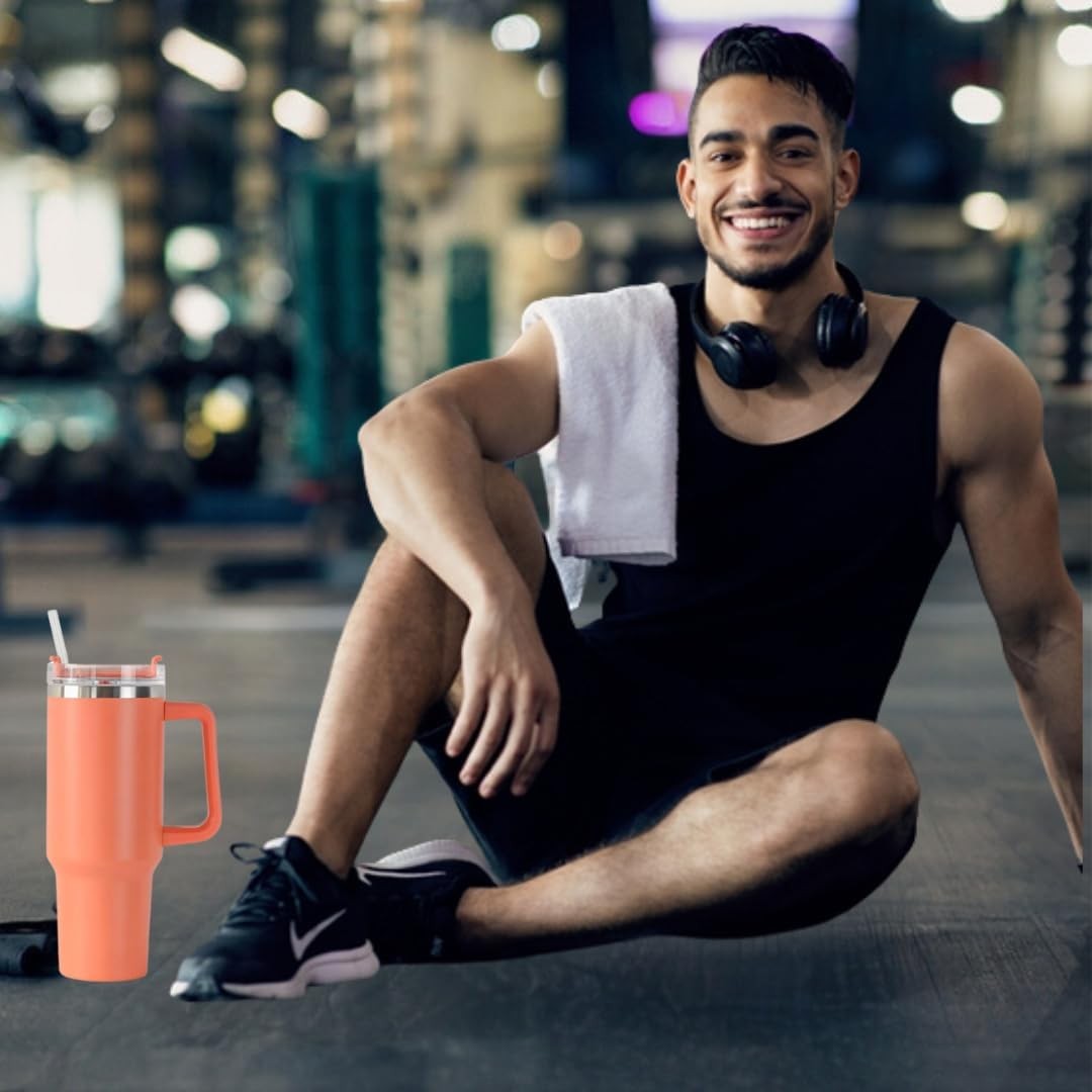 Cana Termos din Plastic, Vivimall, pentru Bauturi Calde si Reci, cu Maner, 9.9x9.9x27 cm, Portocaliu - vivimall.ro