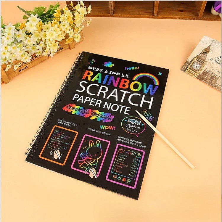 Caiet cu Foi de Hartie de Razuit, Flippy, cu Un Stilou din Bambus, pentru Desen, Curcubeu, 19 x 26 cm, Negru