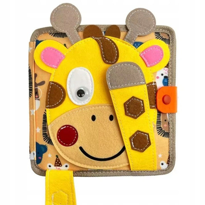 Carte Senzoriala Educativa Montessori 7in1, Vivimall, Dezvoltare Abilitati Motorii, 8 Pagini, 3D, cu Elemente Detasabile, Model Girafa, 21x21x8 cm, Maro